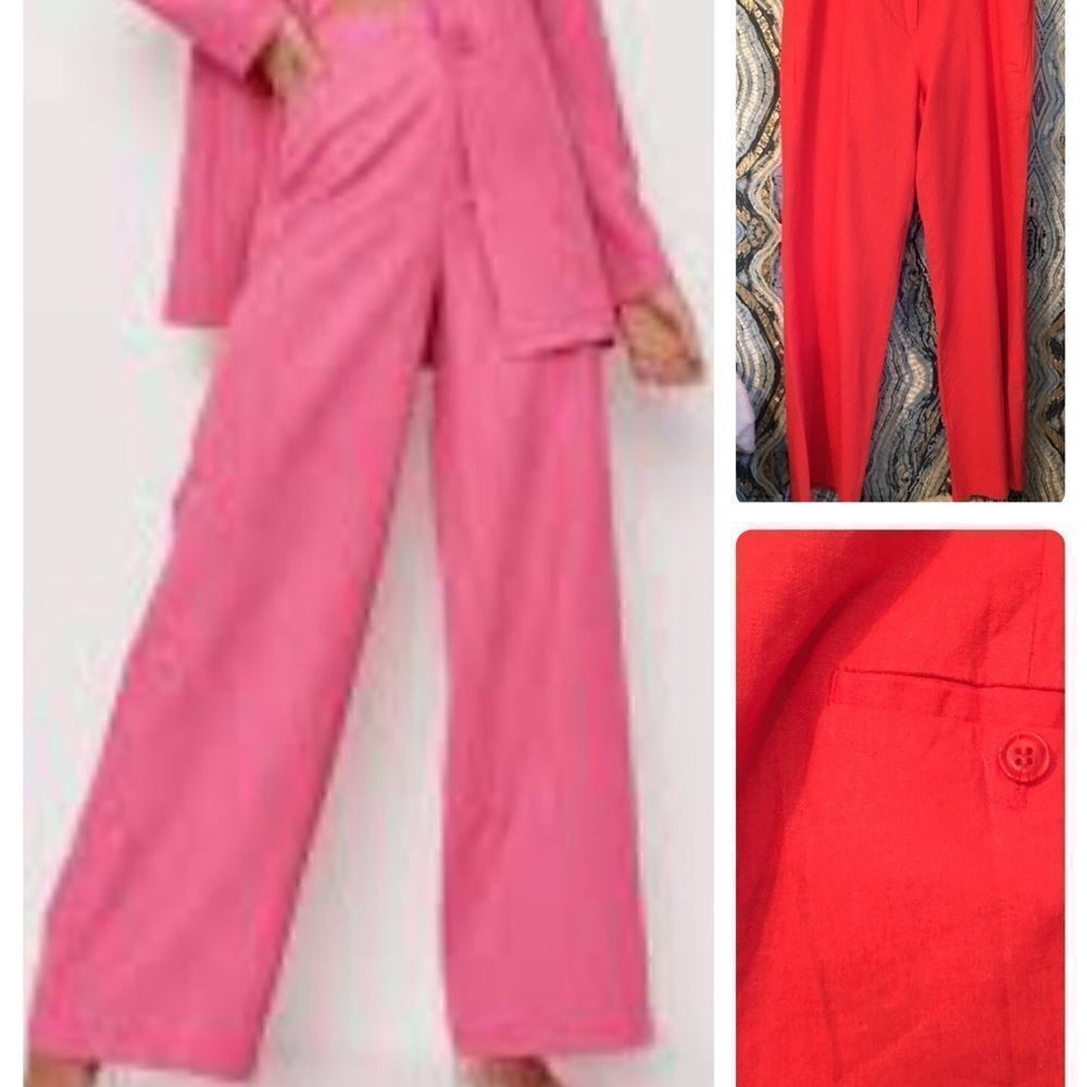 New! TALL Coral Pink silky inner lining Linen wide leg pants